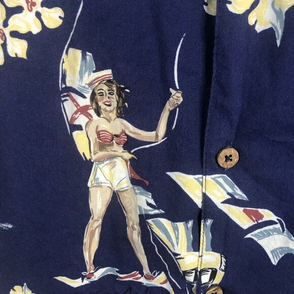Vintage Hawaiian Shirt Mens 2X Blue Pinup Girls Retro Beach Bikinis Sailors - Picture 10 of 16